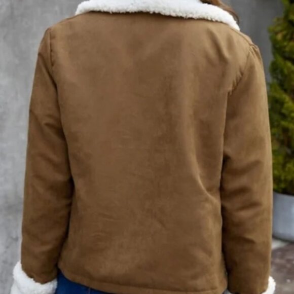 NWOT-M🤎–🤍Brown-M-Sherpa lined jacket / Faux-shearing jacket-white collar - Picture 3 of 5